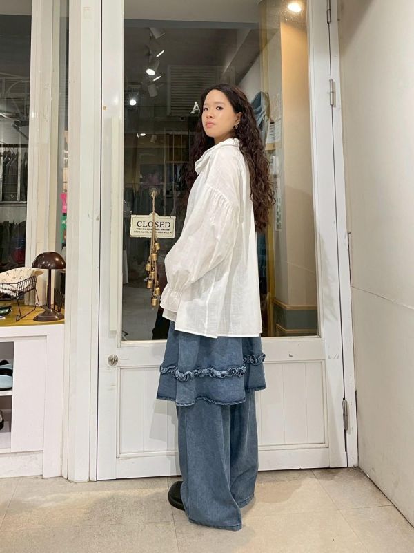 公主袖剪裁雙層荷葉領棉麻落肩前短後長襯衫 