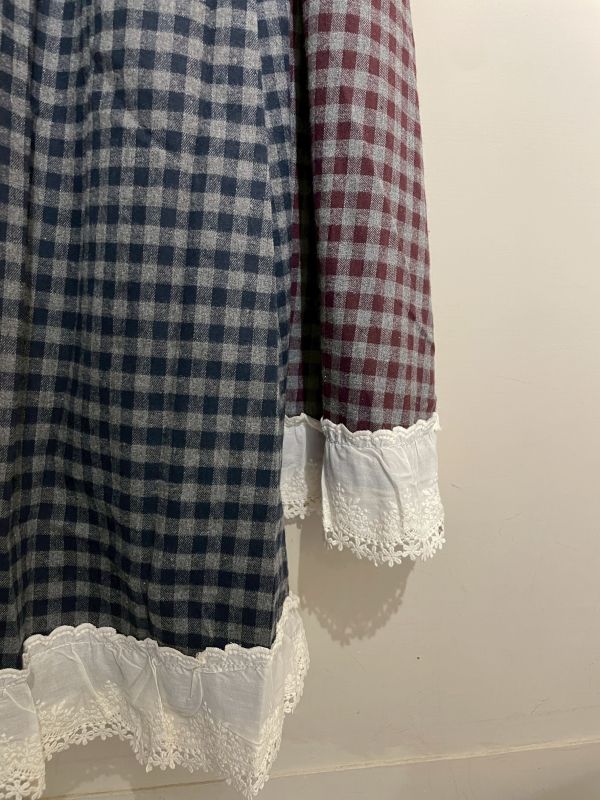 復古格紋拼接蕾絲長裙 