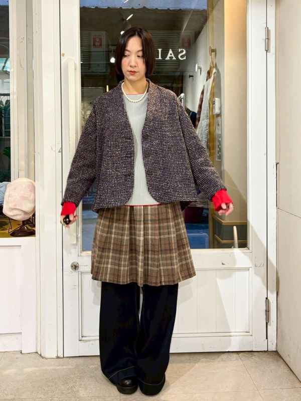 前短後長千鳥格紋開襟落肩毛呢外套 