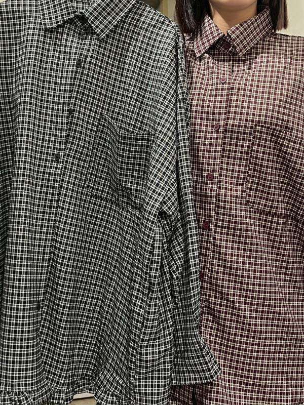 細格紋荷葉邊下擺胸前兩側口袋長袖襯衫 