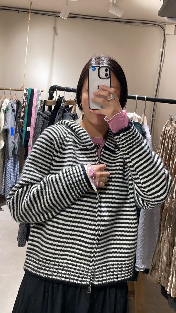 黑白條紋針織拉毛衣鏈連帽外套 