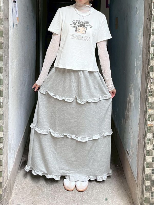 棉質滑面木耳花邊長裙 