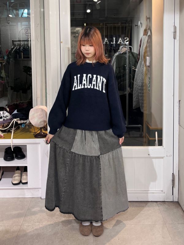 灰色牛仔方格拼接長裙 