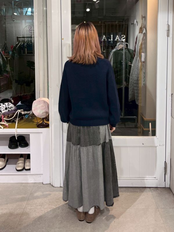 灰色牛仔方格拼接長裙 