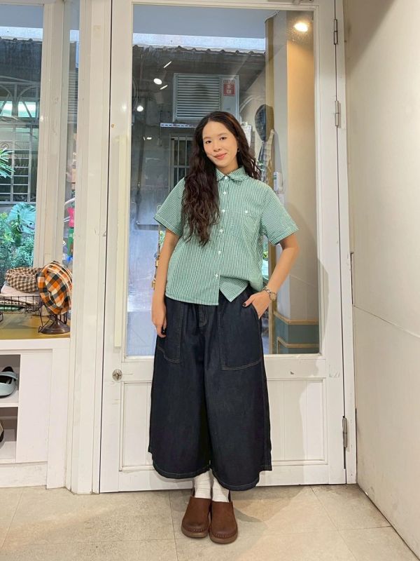 棋盤格荷葉滾邊翻領排扣短袖襯衫 
