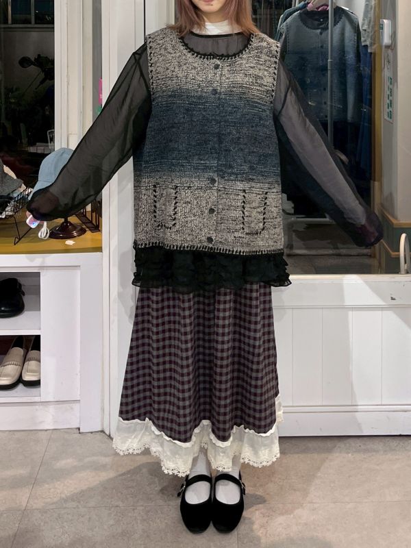 復古格紋拼接蕾絲長裙 