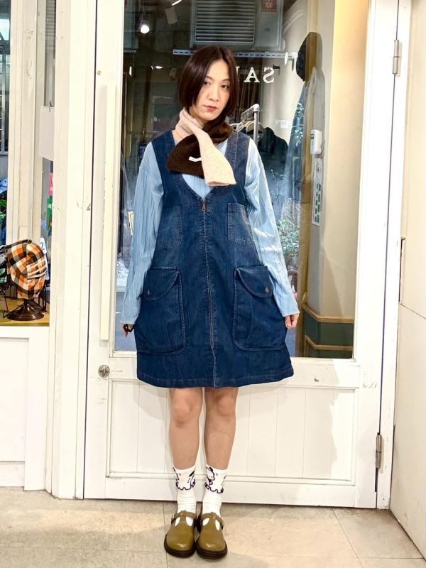 大V領全開拉鏈立體大口袋牛仔背心洋裝 