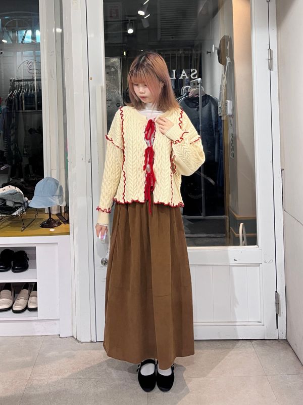 粗針織毛線撞色滾邊綁帶長袖外套 