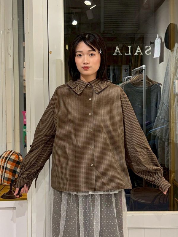 袖子蝴蝶結綁帶荷葉領格紋襯衫 