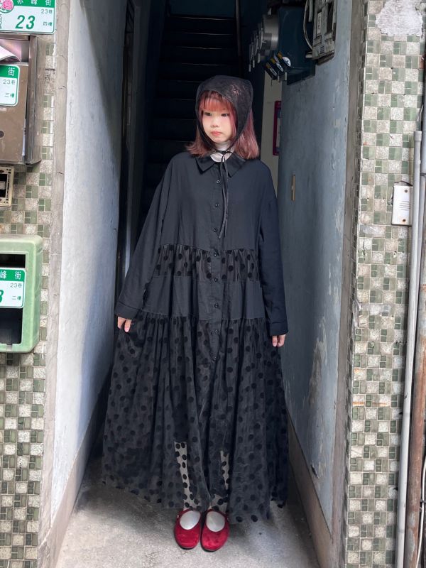 圓點紗拼接長袖洋裝 