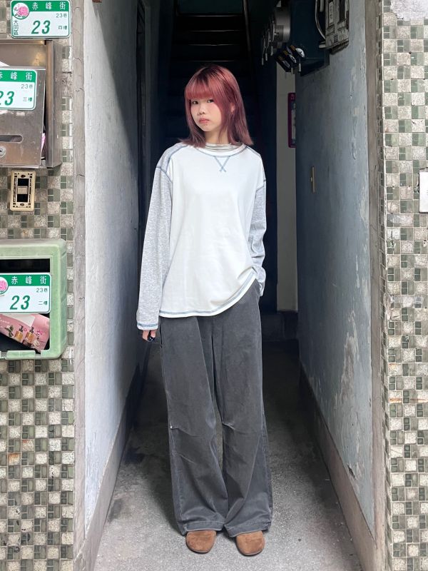 深灰綁帶牛仔打褶長褲 