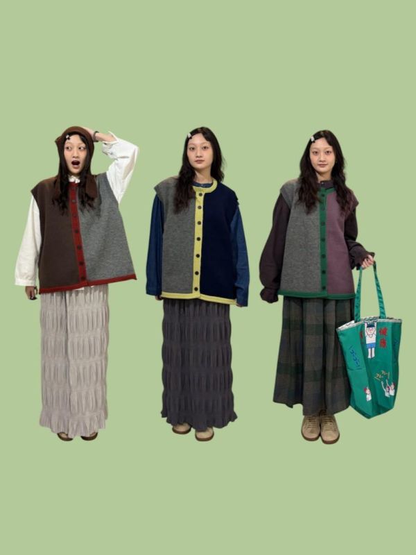 粗撞色排扣針織背心 