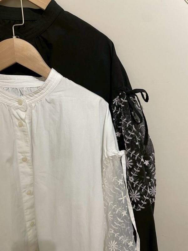 透紗刺繡綁帶縮袖襯衫 