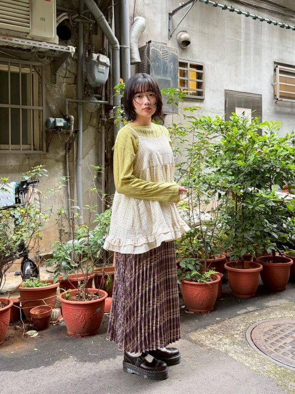 格紋後綁帶蛋糕層次下擺細肩帶背心 