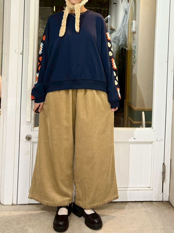 鬆緊腰下擺縫線燈芯絨褲九分寬褲 