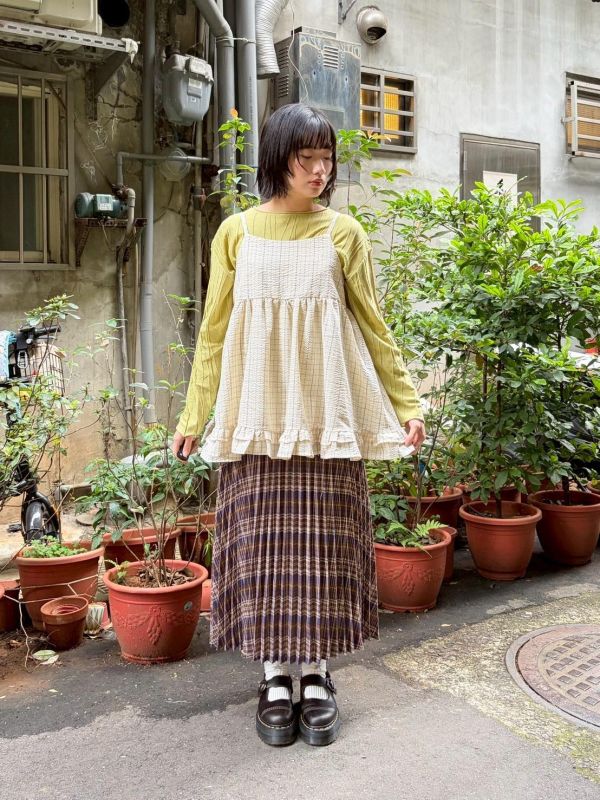 格紋後綁帶蛋糕層次下擺細肩帶背心 