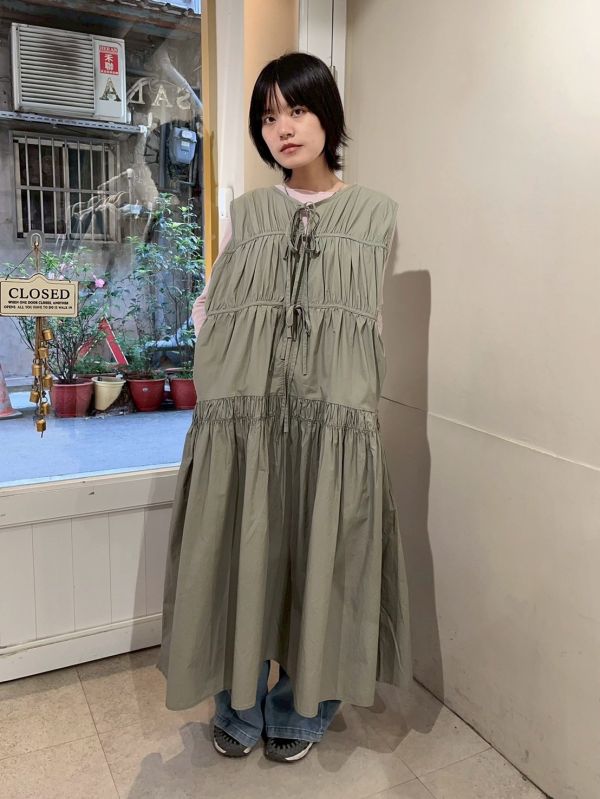 胸前抓皺綁帶無袖外搭長洋 