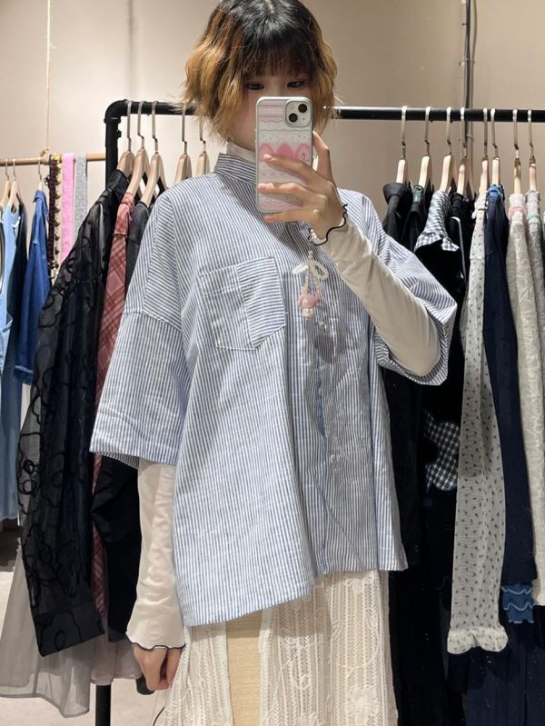 短版口袋條紋短袖襯衫 