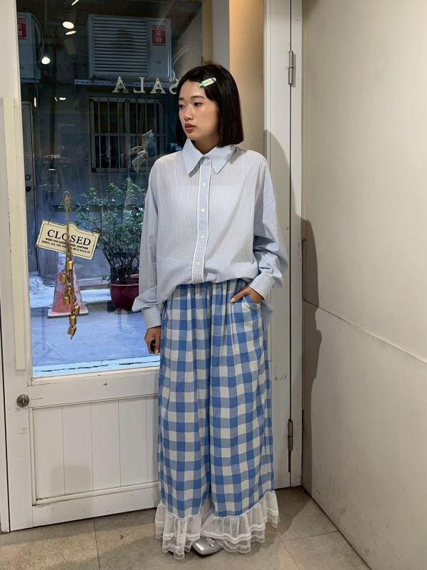 藍色格紋拼接蕾絲蛋糕褲管長褲 