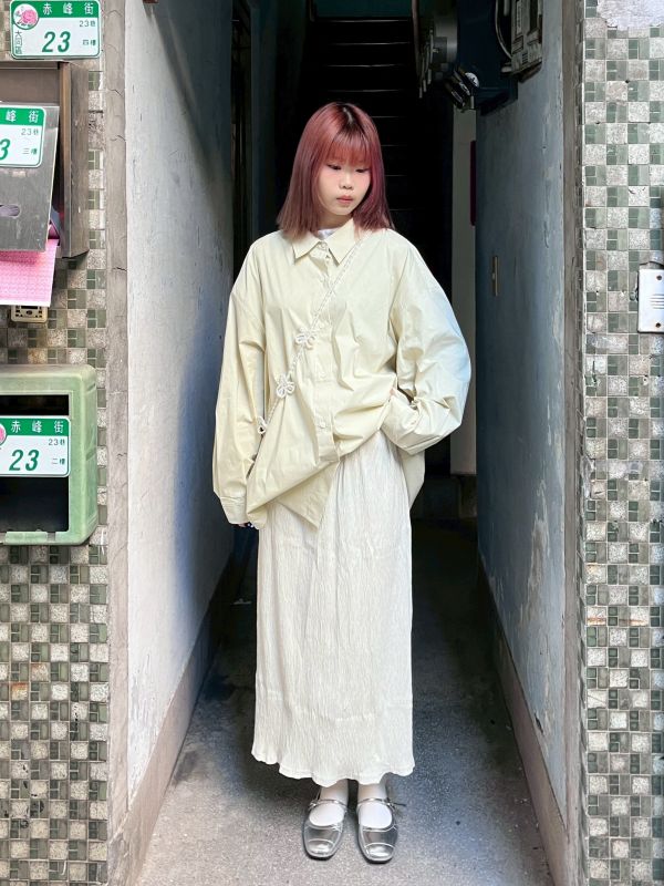 燈芯絨後開衩直筒皺皺裙 