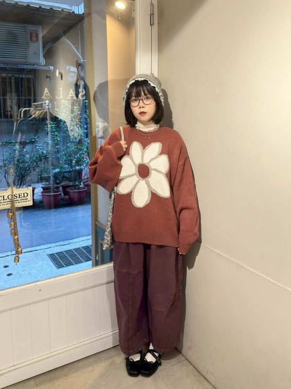 大花朵橘紅毛衣 