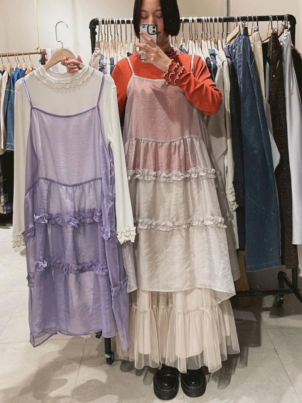 木耳拼接透紗蛋糕吊帶背心洋裝 