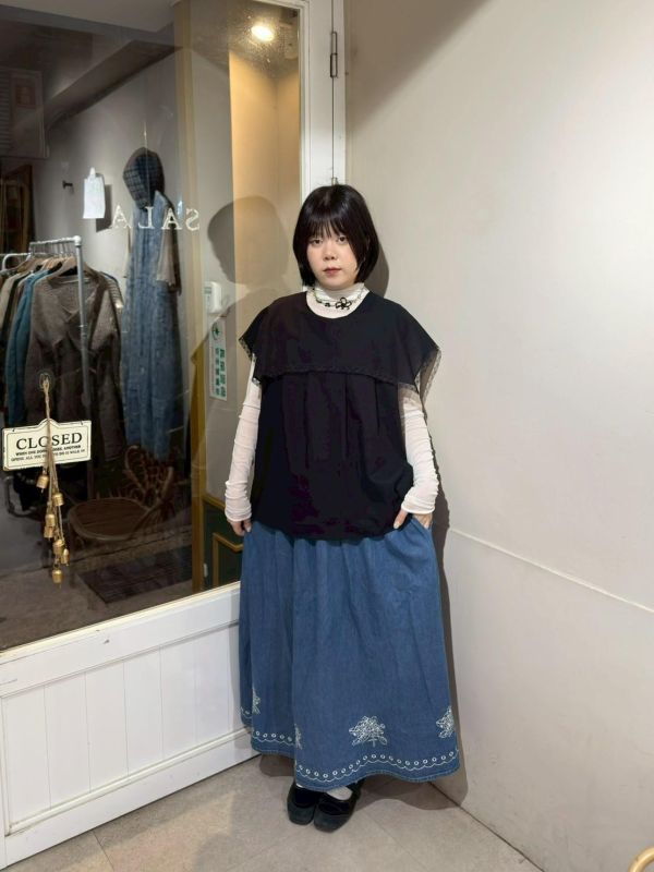 牛仔刺繡下擺鬆緊腰長裙 