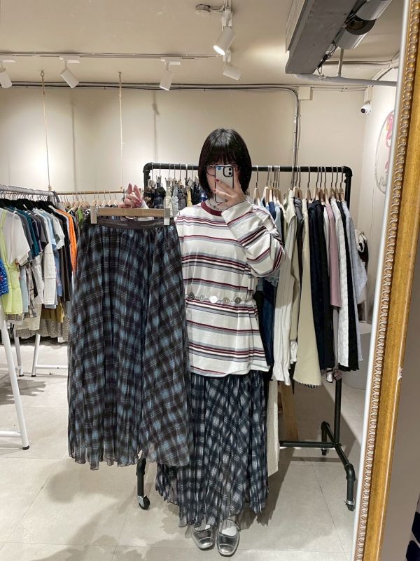 雙層格紋紗飄逸長裙 