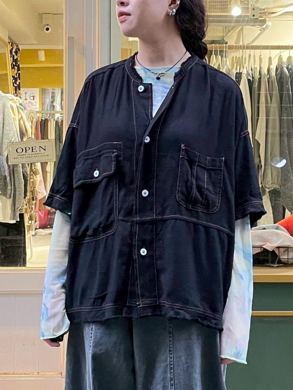 撞色車線多口袋飛鼠袖落肩抽鬚牛仔襯衫 