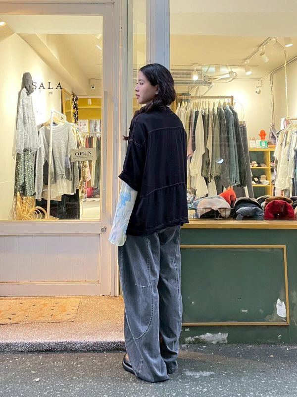 撞色車線多口袋飛鼠袖落肩抽鬚牛仔襯衫 