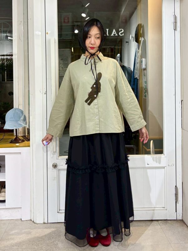 細燈芯絨刺繡貓咪襯衫 