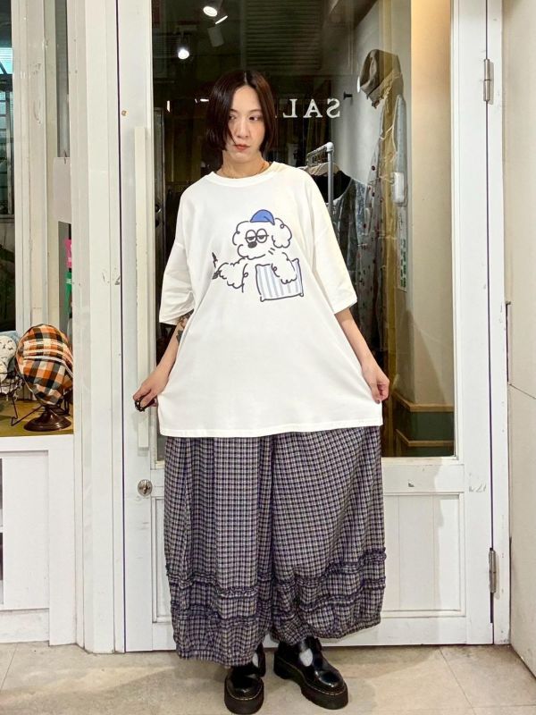 褲腳木耳細格紋花苞褲 