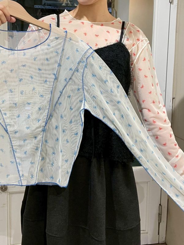 拷克線蝴蝶結修身透膚上衣 