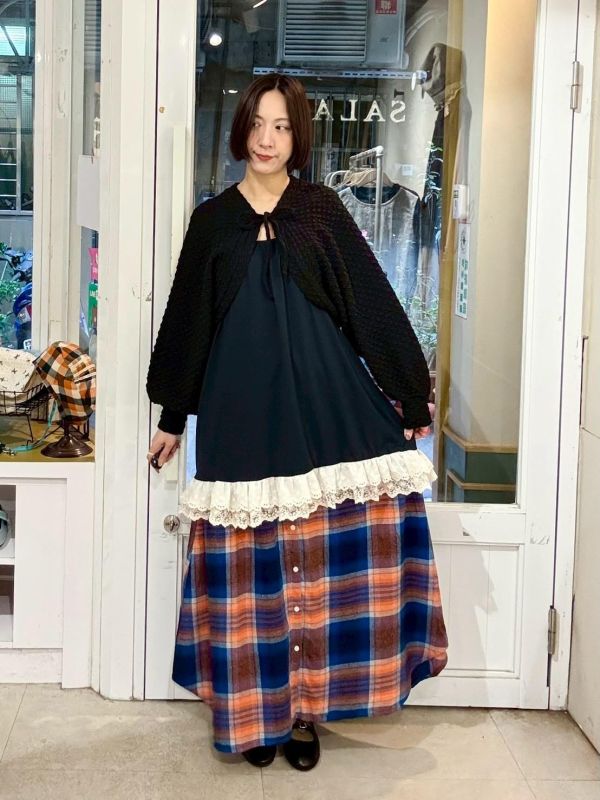 兩側邊抽繩襯衫式下擺格紋裙 