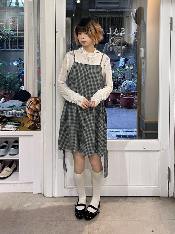 側綁帶格紋排扣吊帶背心裙 