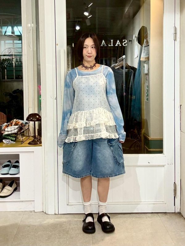 斜翻開立體大口袋白色綁帶五分牛仔寬褲 