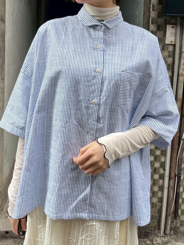 短版口袋條紋短袖襯衫 