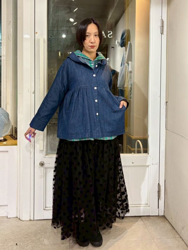 假兩件牛仔內裡格紋連帽襯衫 