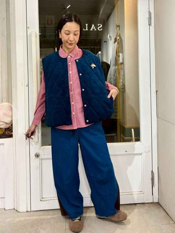 側邊細燈芯絨拼接牛仔褲 