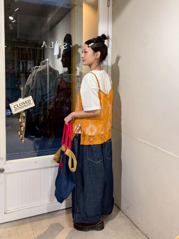 紅色抽繩下擺反折繭型九分牛仔寬褲 