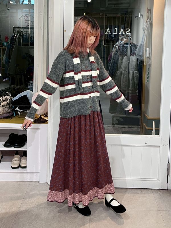 橫條紋針織排扣外套附圍巾 