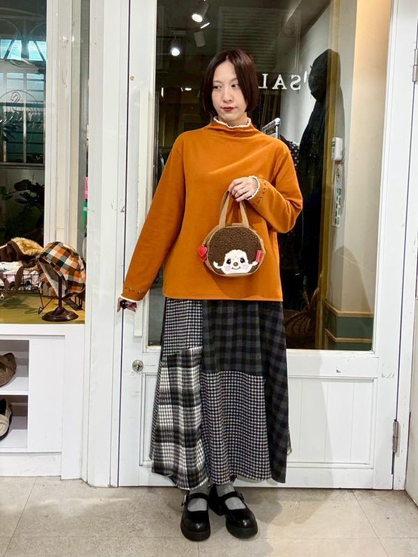 毛呢格紋拼接傘狀裙 