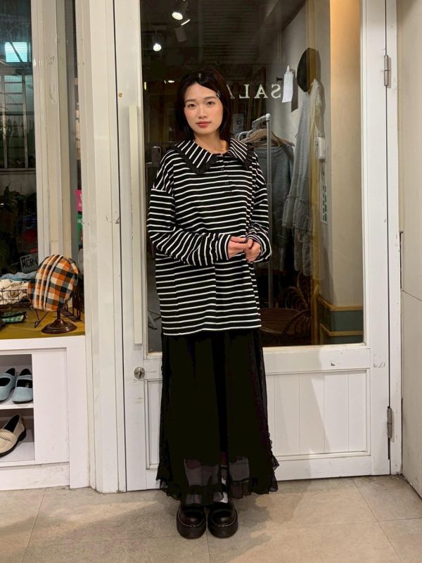 百搭條紋荷葉領休閒上衣 