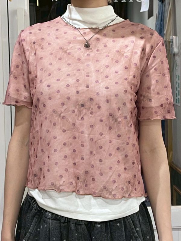 彩色波點渲染透膚短袖上衣 