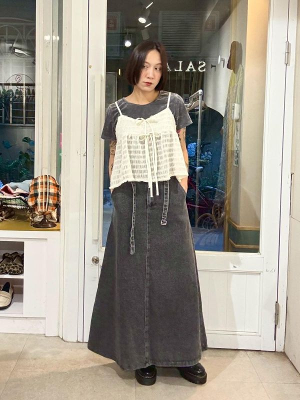 鬆緊腰A字牛仔裙附腰帶 