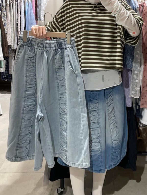 牛仔皺皺設計七分褲 