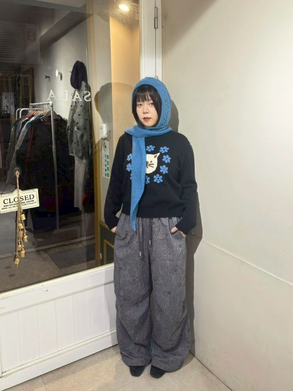 滿版花朵鬆緊腰抽繩打摺長褲 