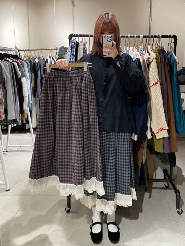 復古格紋拼接蕾絲長裙 