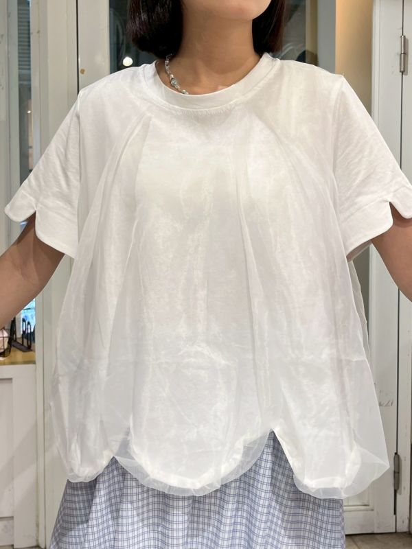 假兩件兩面光澤紗花瓣下擺袖開衩上衣 