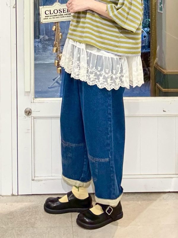 褲腳反折拼接繭型九分褲牛仔寬褲 